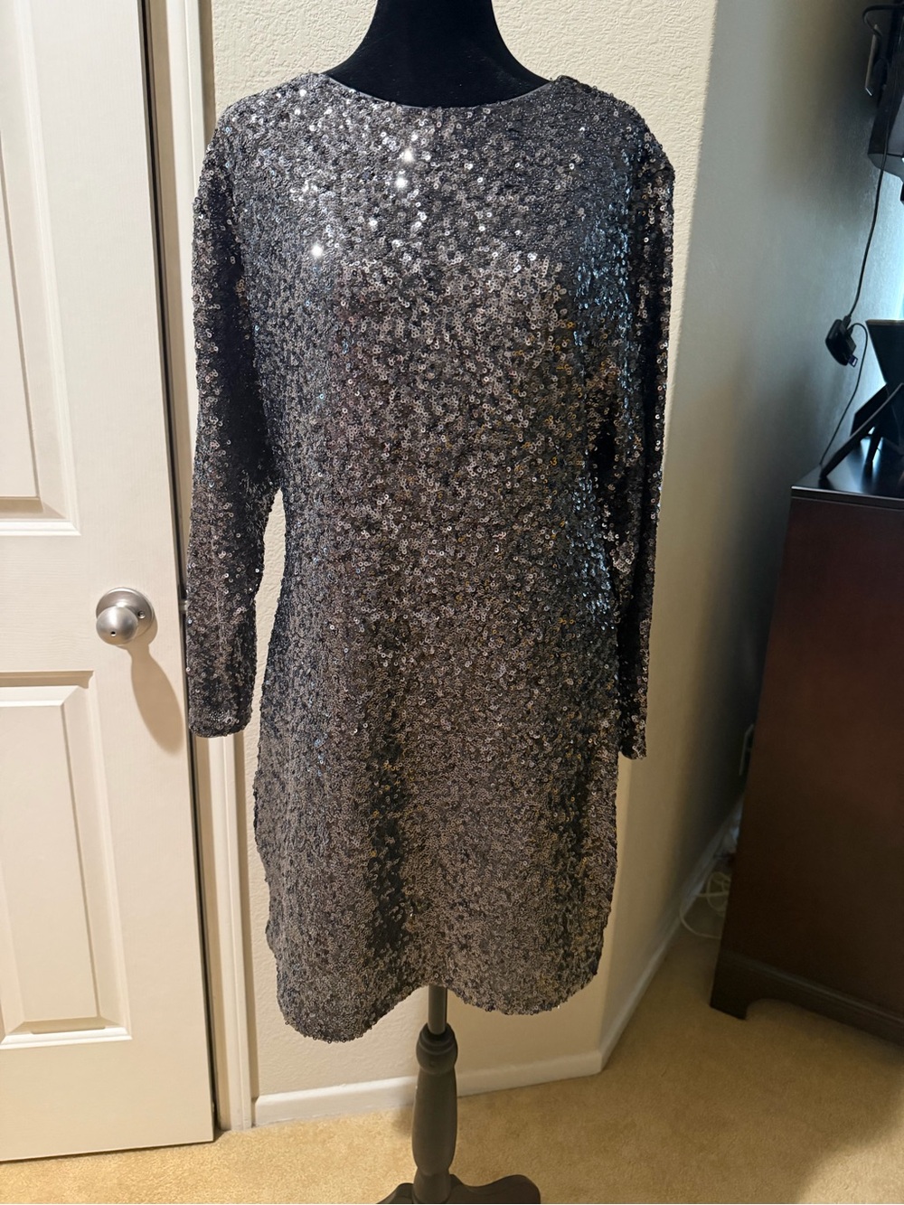 LOFT Silver Sequin Long-Sleeve Shift Dress